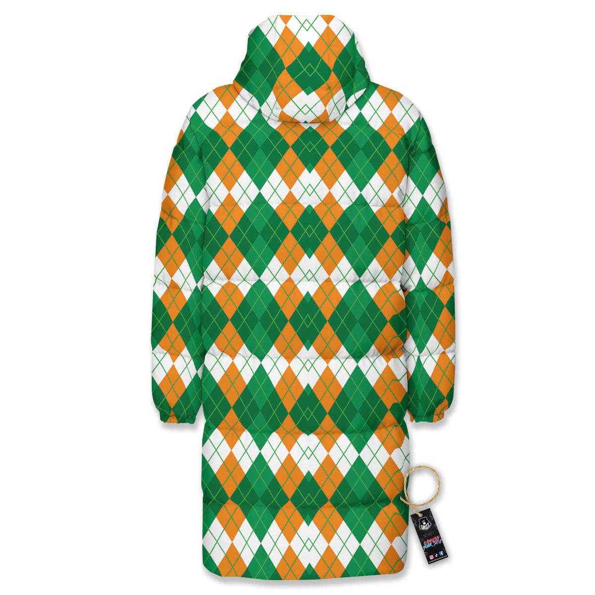 Argyle Irish Themed Print Pattern Long Down Jacket-grizzshop
