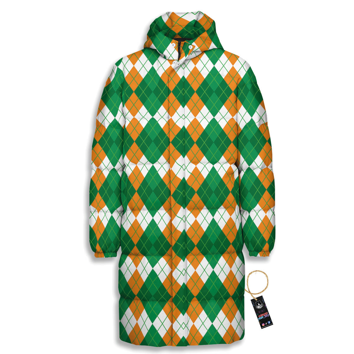 Argyle Irish Themed Print Pattern Long Down Jacket-grizzshop