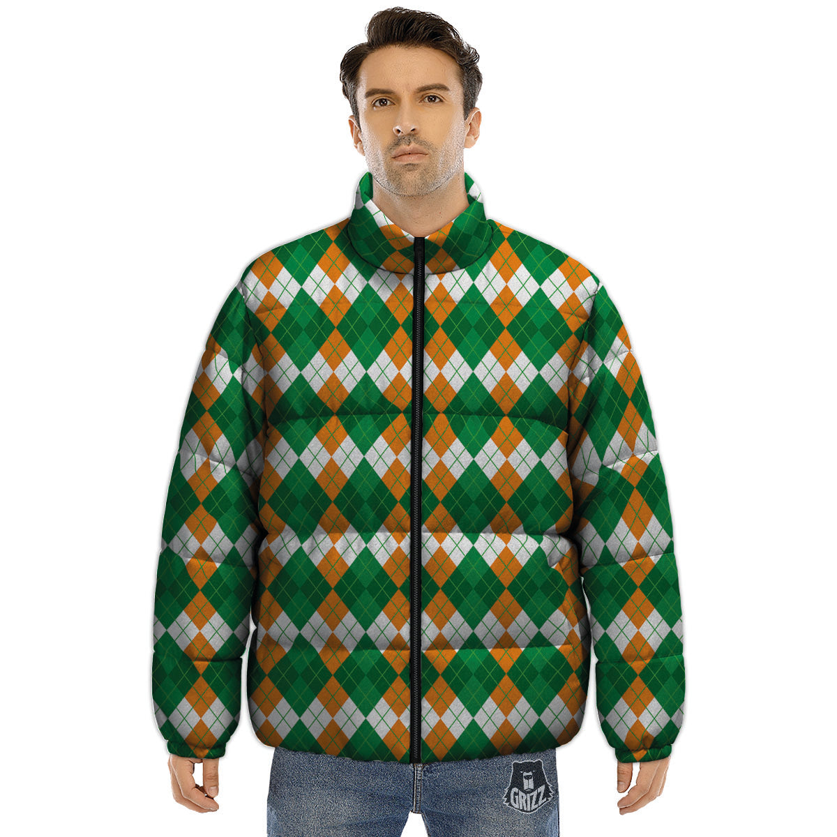 Argyle Irish Themed Print Pattern Puffer Jacket-grizzshop