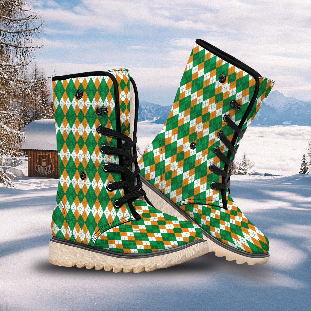 Argyle Irish Themed Print Pattern Snow Boots-grizzshop