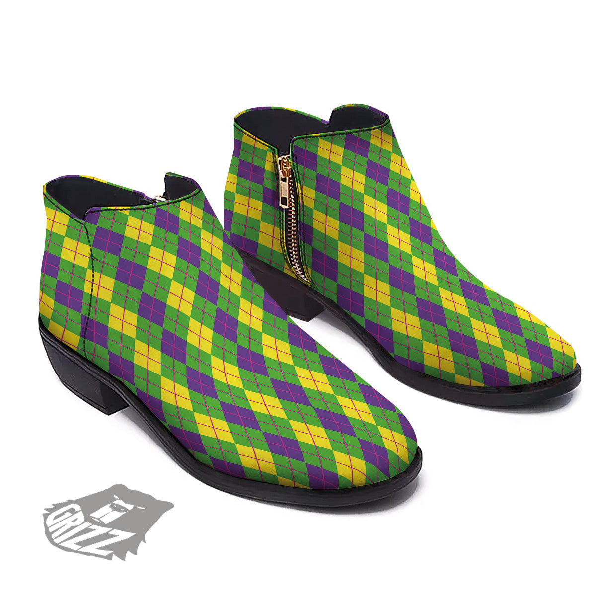 Argyle Mardi Gras Print Pattern Ankle Boots-grizzshop