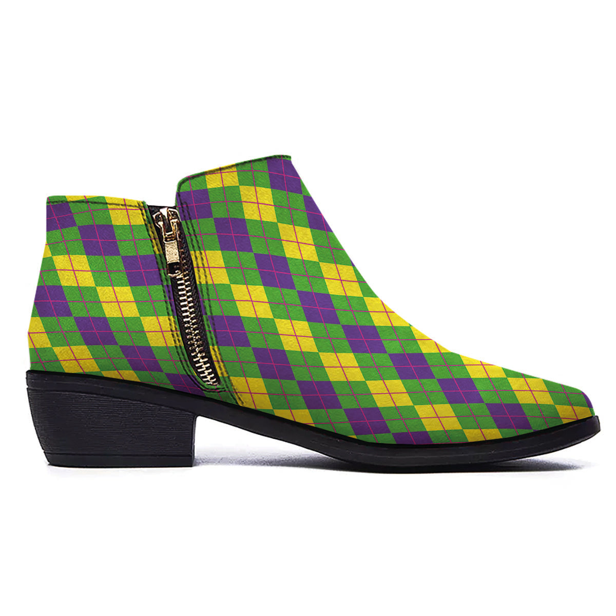 Argyle Mardi Gras Print Pattern Ankle Boots-grizzshop