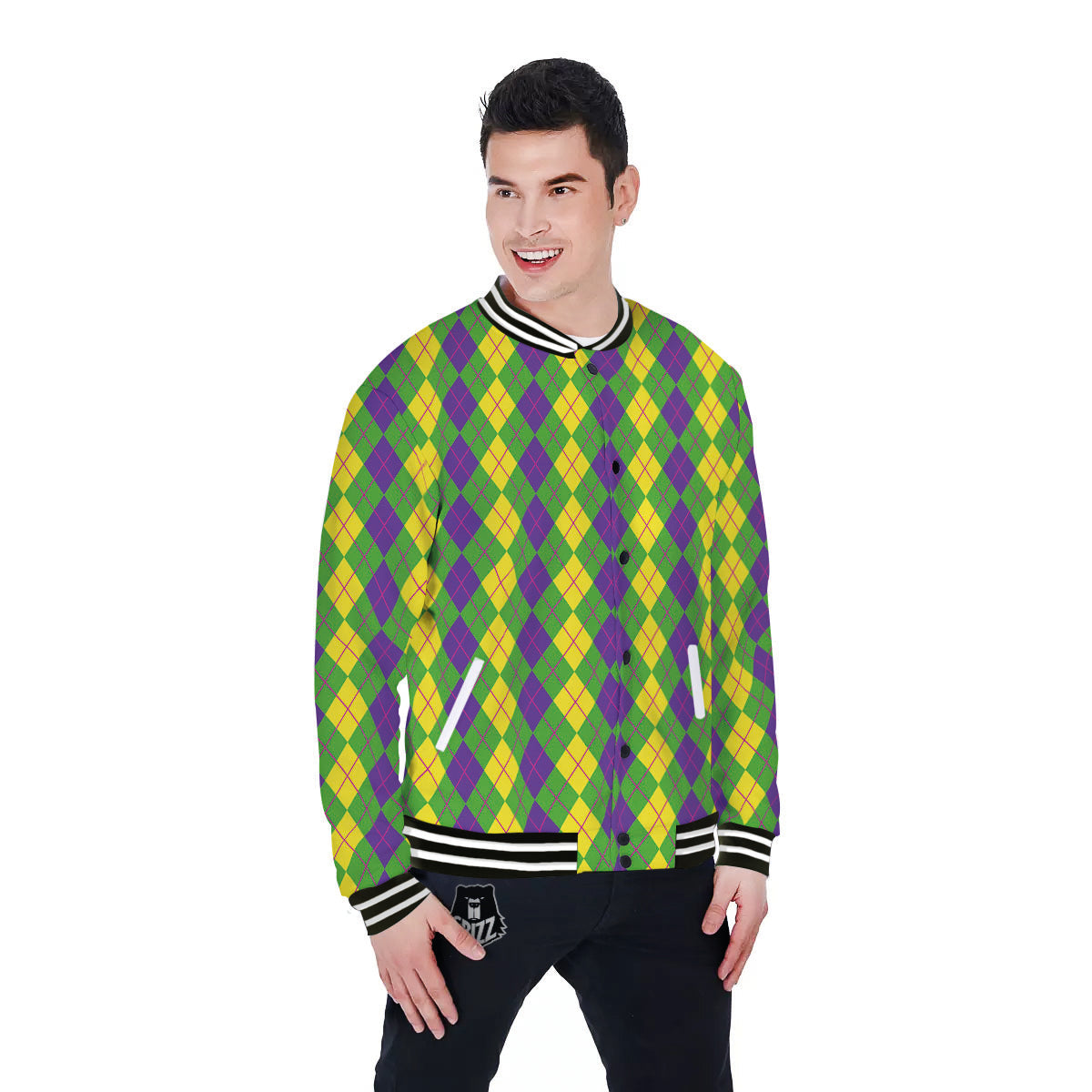 Argyle Mardi Gras Print Pattern Baseball Jacket-grizzshop