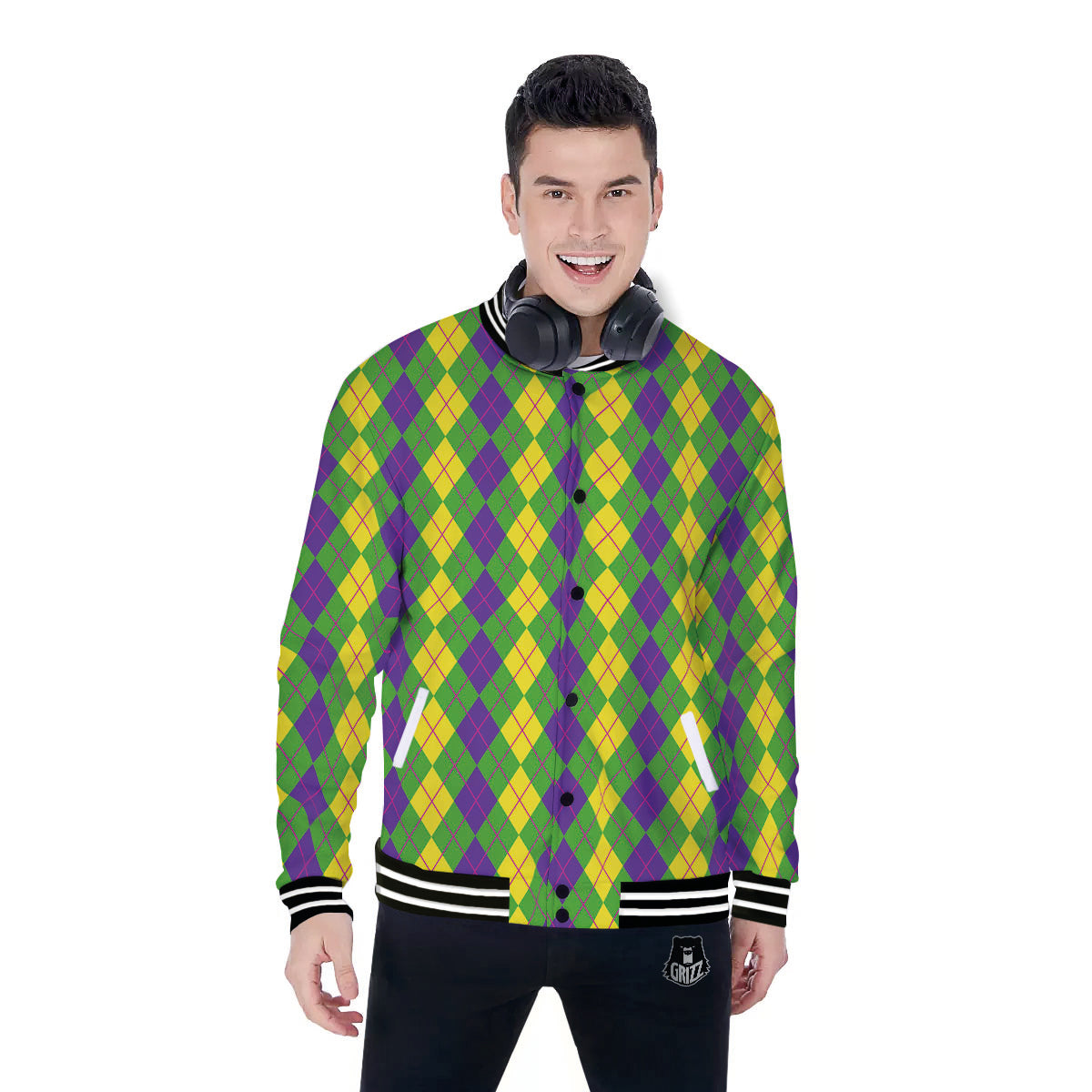 Argyle Mardi Gras Print Pattern Baseball Jacket-grizzshop