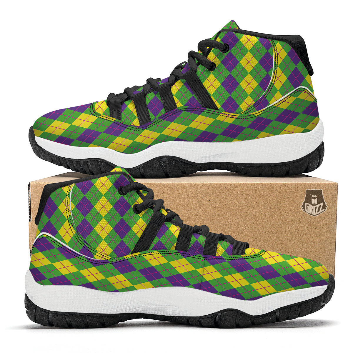 Argyle Mardi Gras Print Pattern Black Bball Shoes-grizzshop