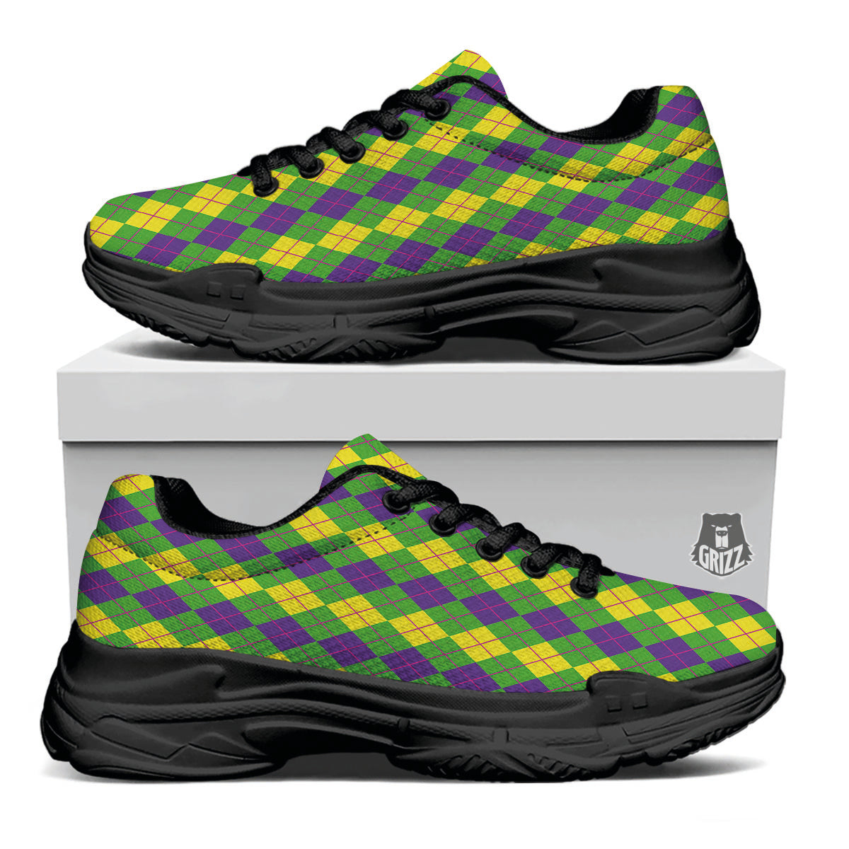 Argyle Mardi Gras Print Pattern Black Chunky Shoes-grizzshop