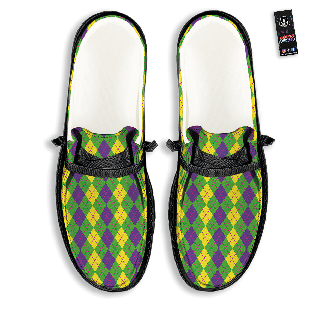 Argyle Mardi Gras Print Pattern Black Loafers-grizzshop