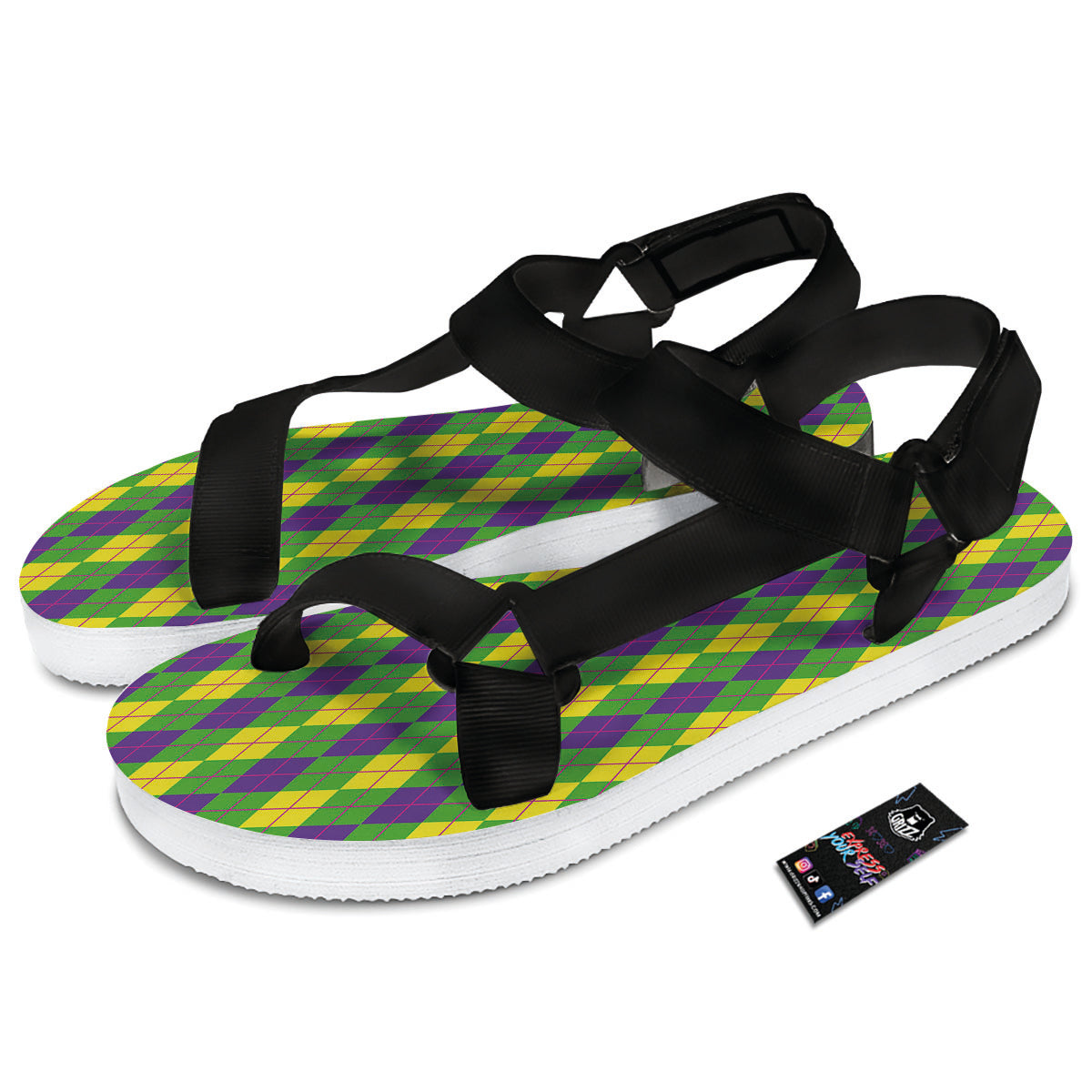 Argyle Mardi Gras Print Pattern Black Open Toe Sandals-grizzshop