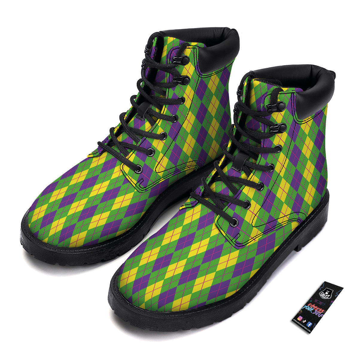 Argyle Mardi Gras Print Pattern Boots-grizzshop