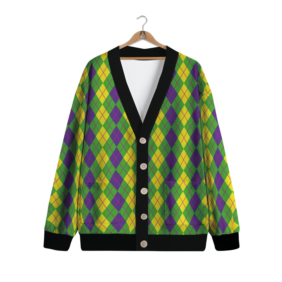 Argyle Mardi Gras Print Pattern Cardigan-grizzshop