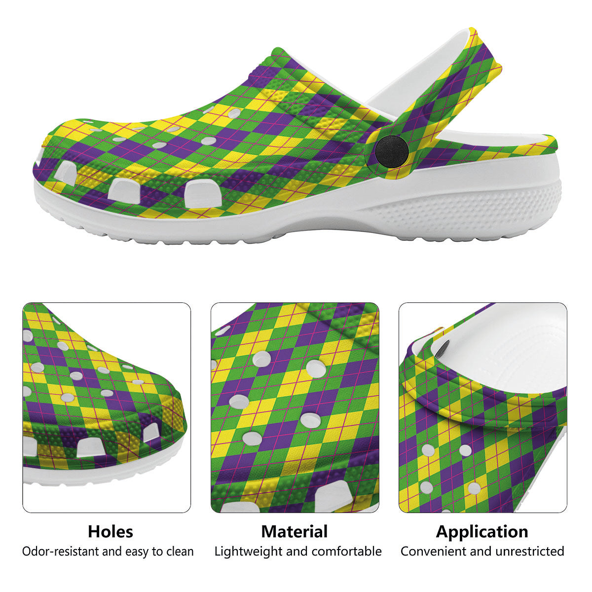 Argyle Mardi Gras Print Pattern Clog-grizzshop
