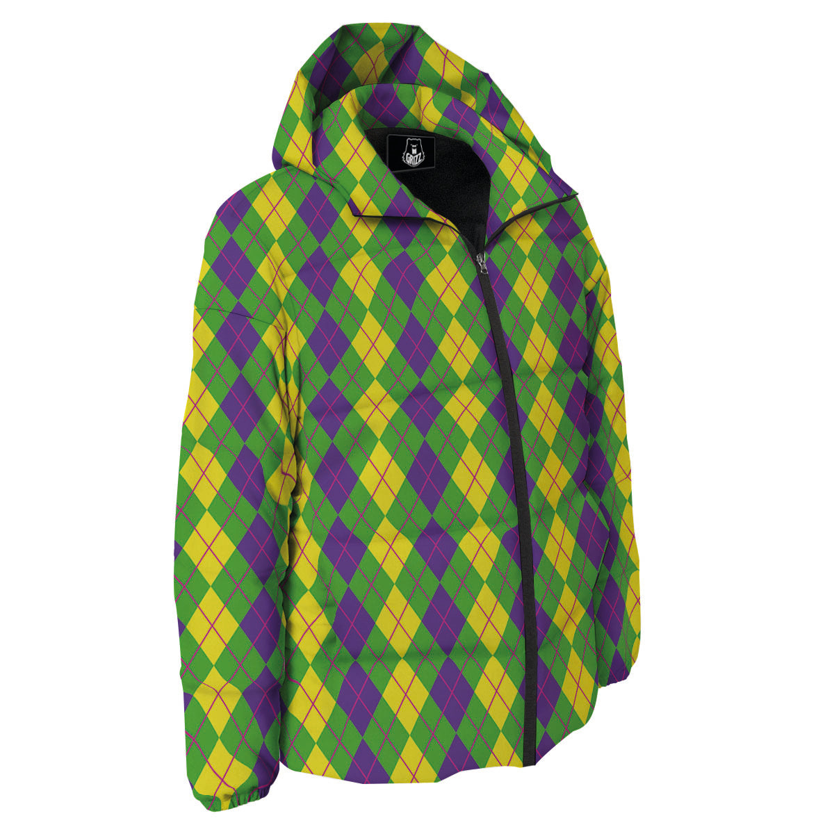 Argyle Mardi Gras Print Pattern Down Jacket-grizzshop