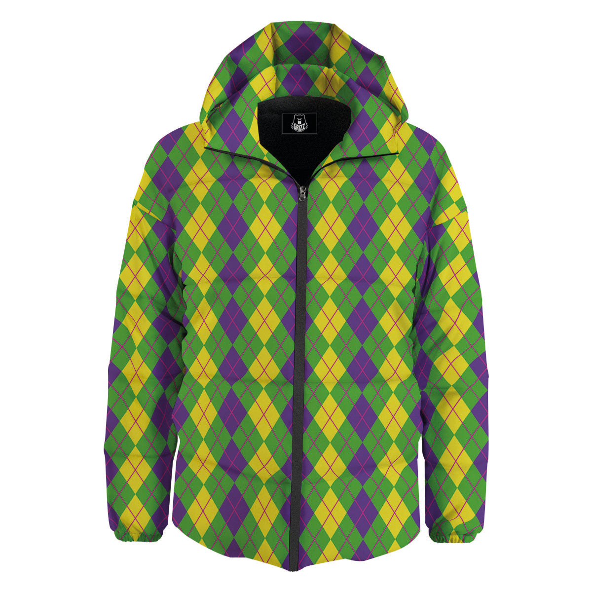 Argyle Mardi Gras Print Pattern Down Jacket-grizzshop