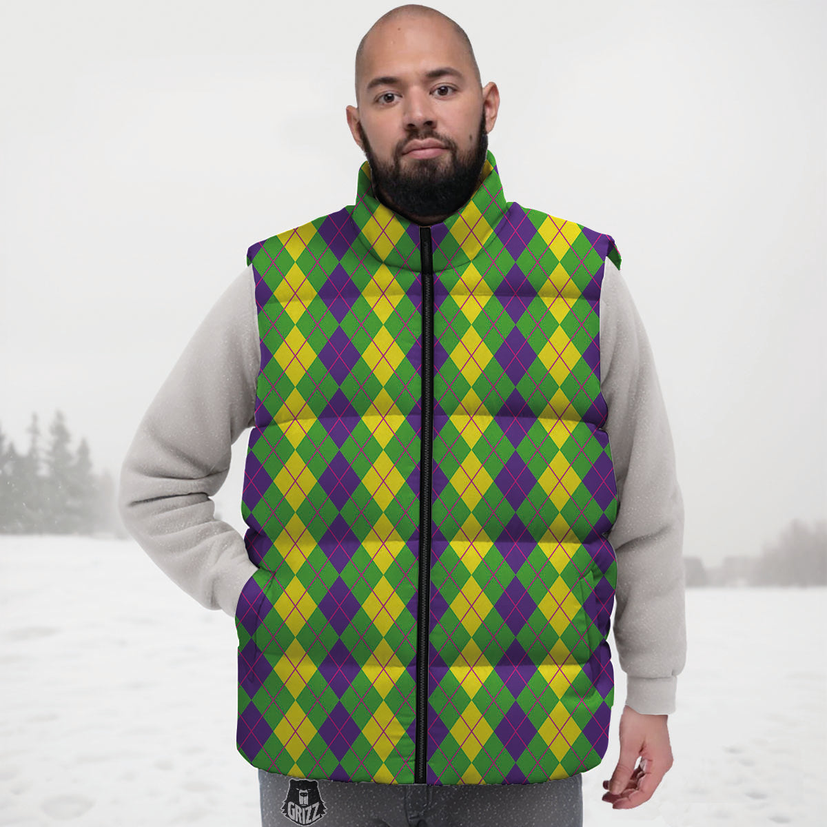 Argyle Mardi Gras Print Pattern Down Vest