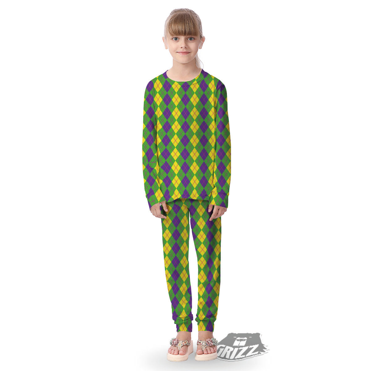 Argyle Mardi Gras Print Pattern Kid's Pajamas-grizzshop
