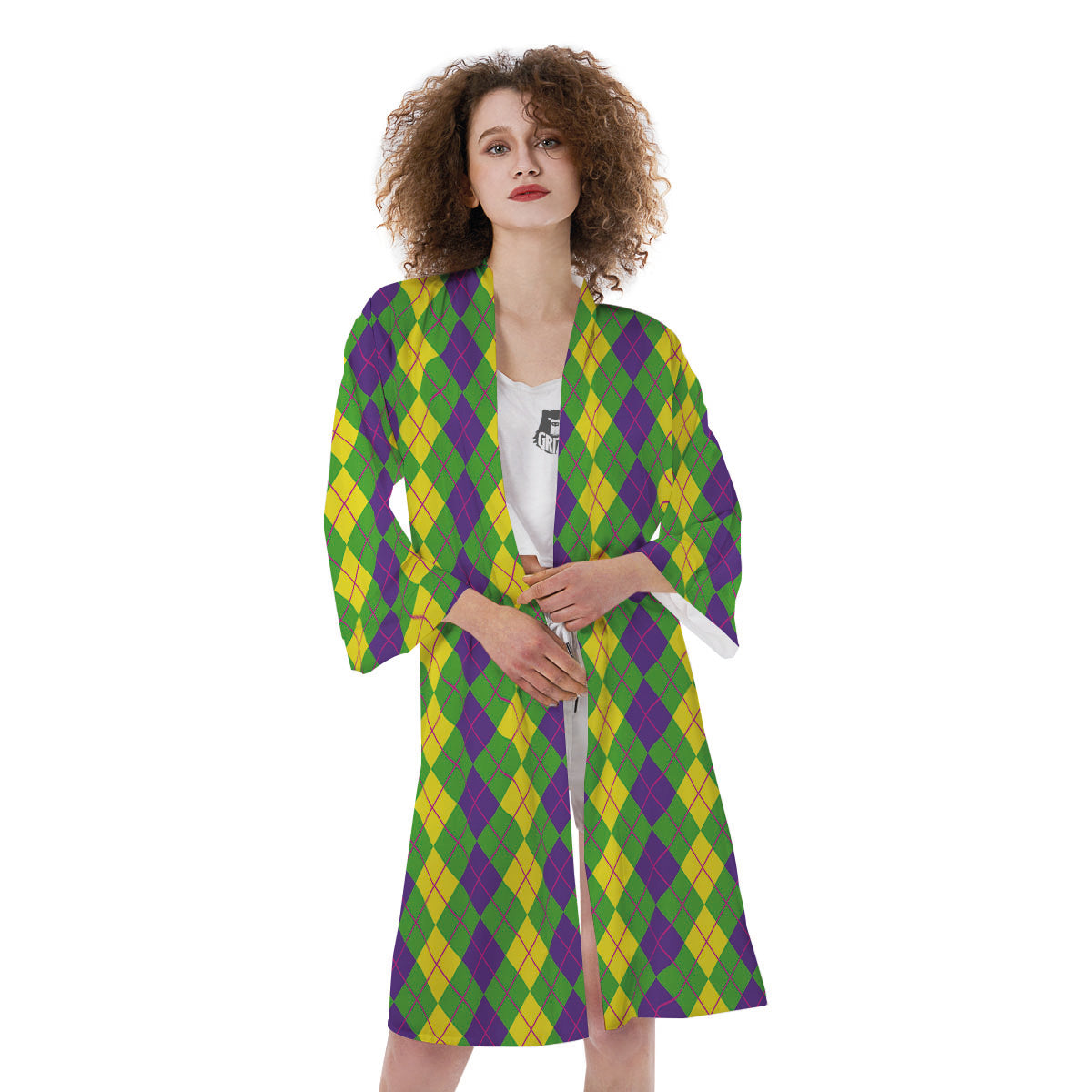 Argyle Mardi Gras Print Pattern Kimono-grizzshop