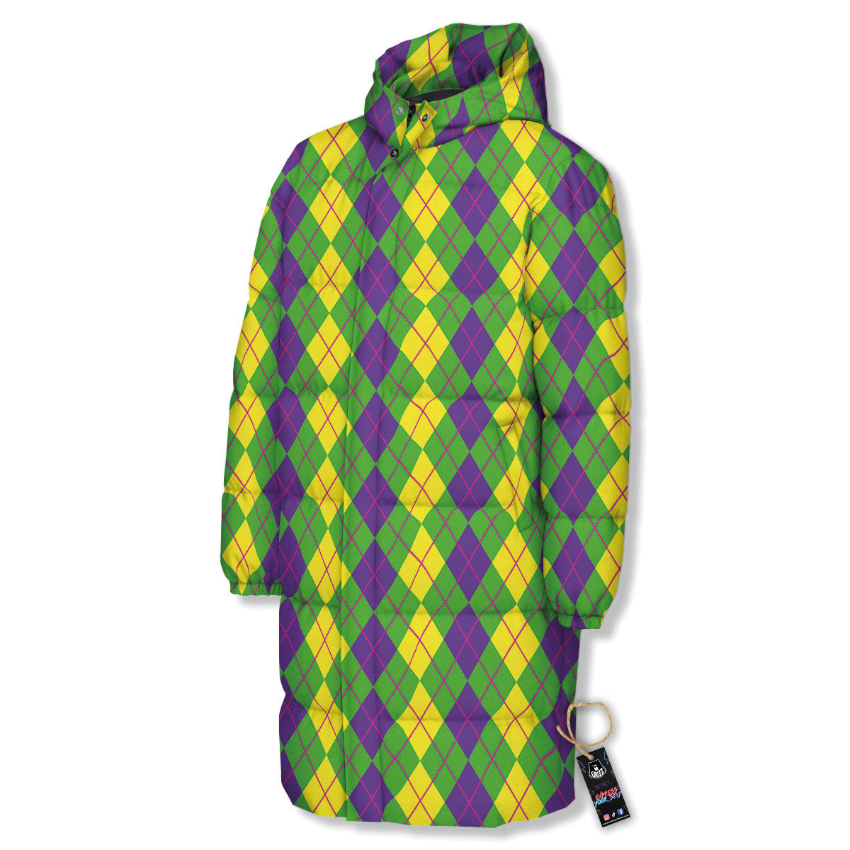 Argyle Mardi Gras Print Pattern Long Down Jacket-grizzshop