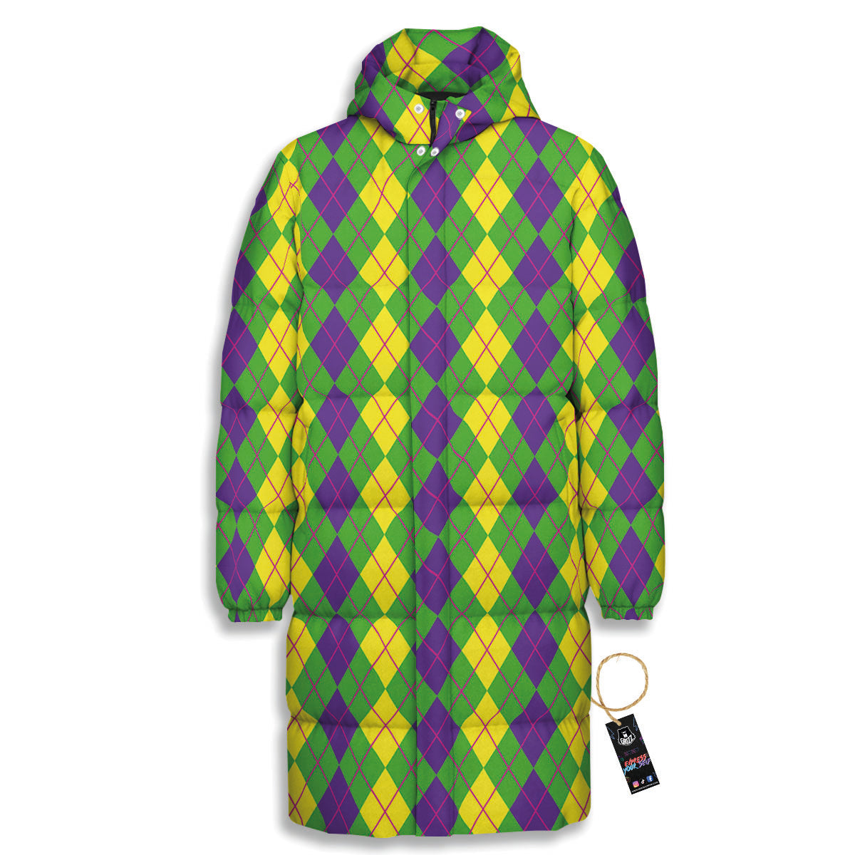 Argyle Mardi Gras Print Pattern Long Down Jacket-grizzshop
