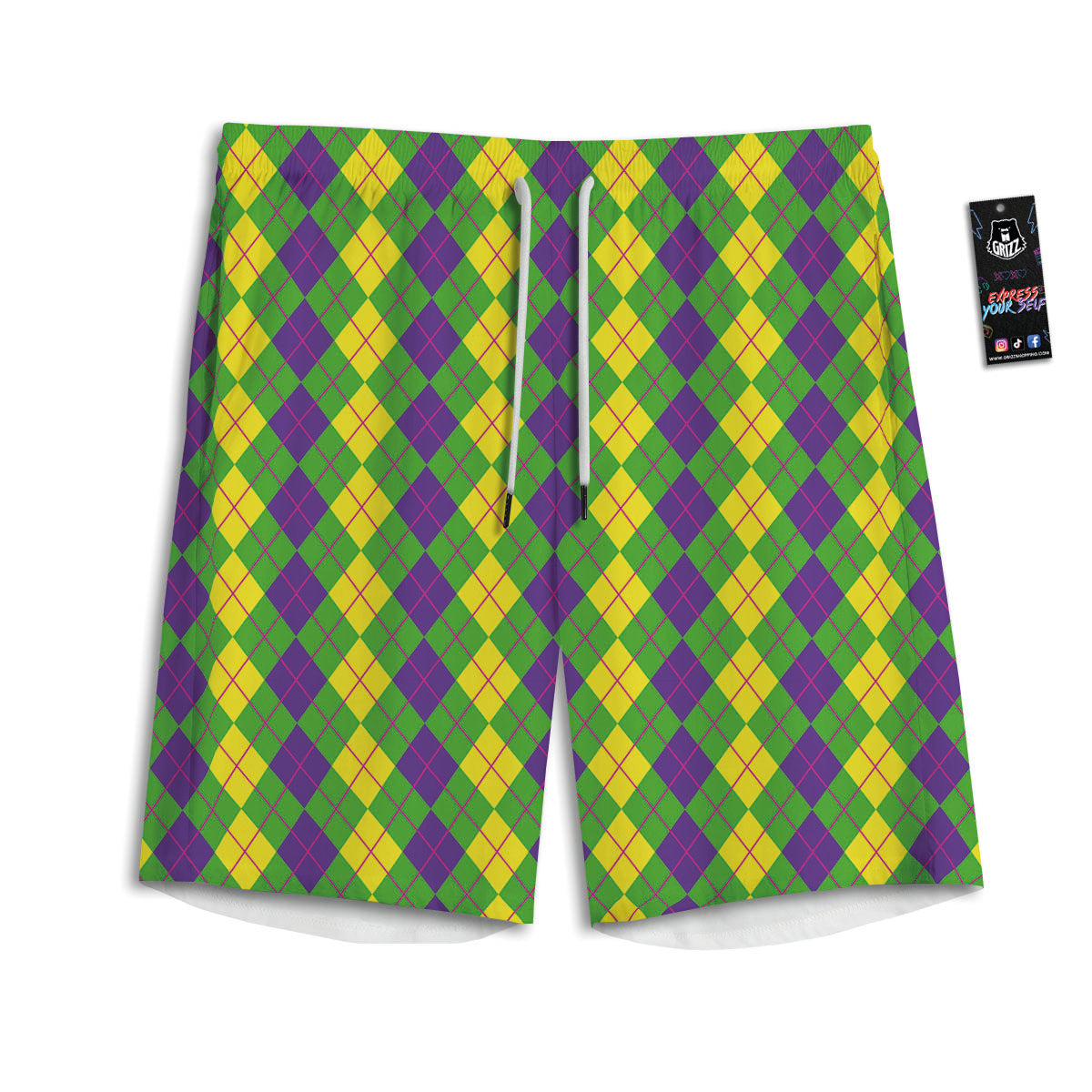 Argyle Mardi Gras Print Pattern Men's Athletic Shorts