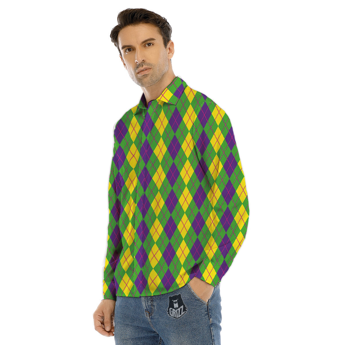 Argyle Mardi Gras Print Pattern Men's Dress Shirts-grizzshop