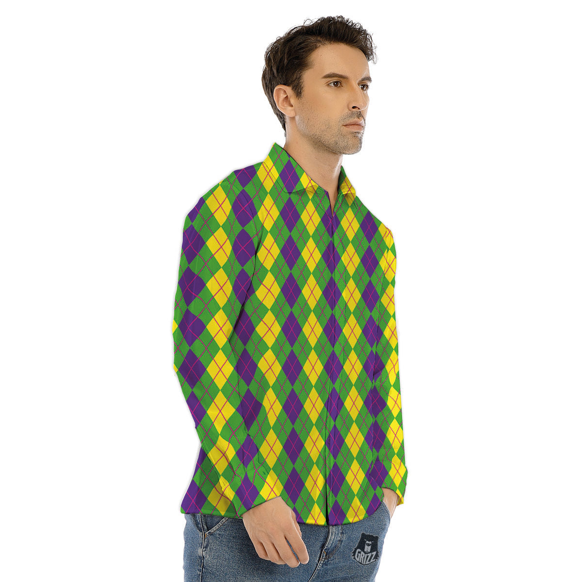 Argyle Mardi Gras Print Pattern Men's Dress Shirts-grizzshop
