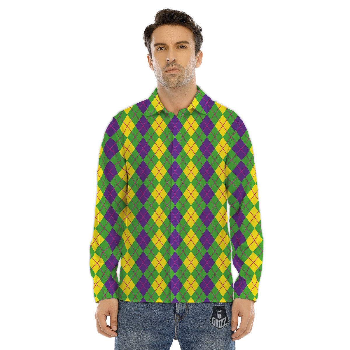 Argyle Mardi Gras Print Pattern Men's Dress Shirts-grizzshop