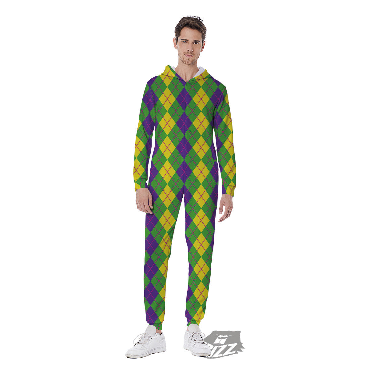 Argyle Mardi Gras Print Pattern Men's Jumpsuit-grizzshop