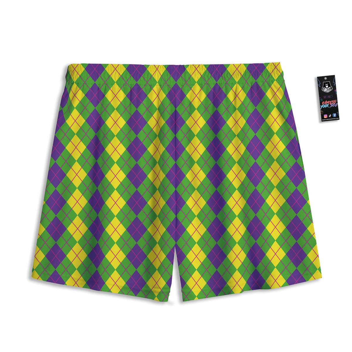 Argyle Mardi Gras Print Pattern Mesh Shorts