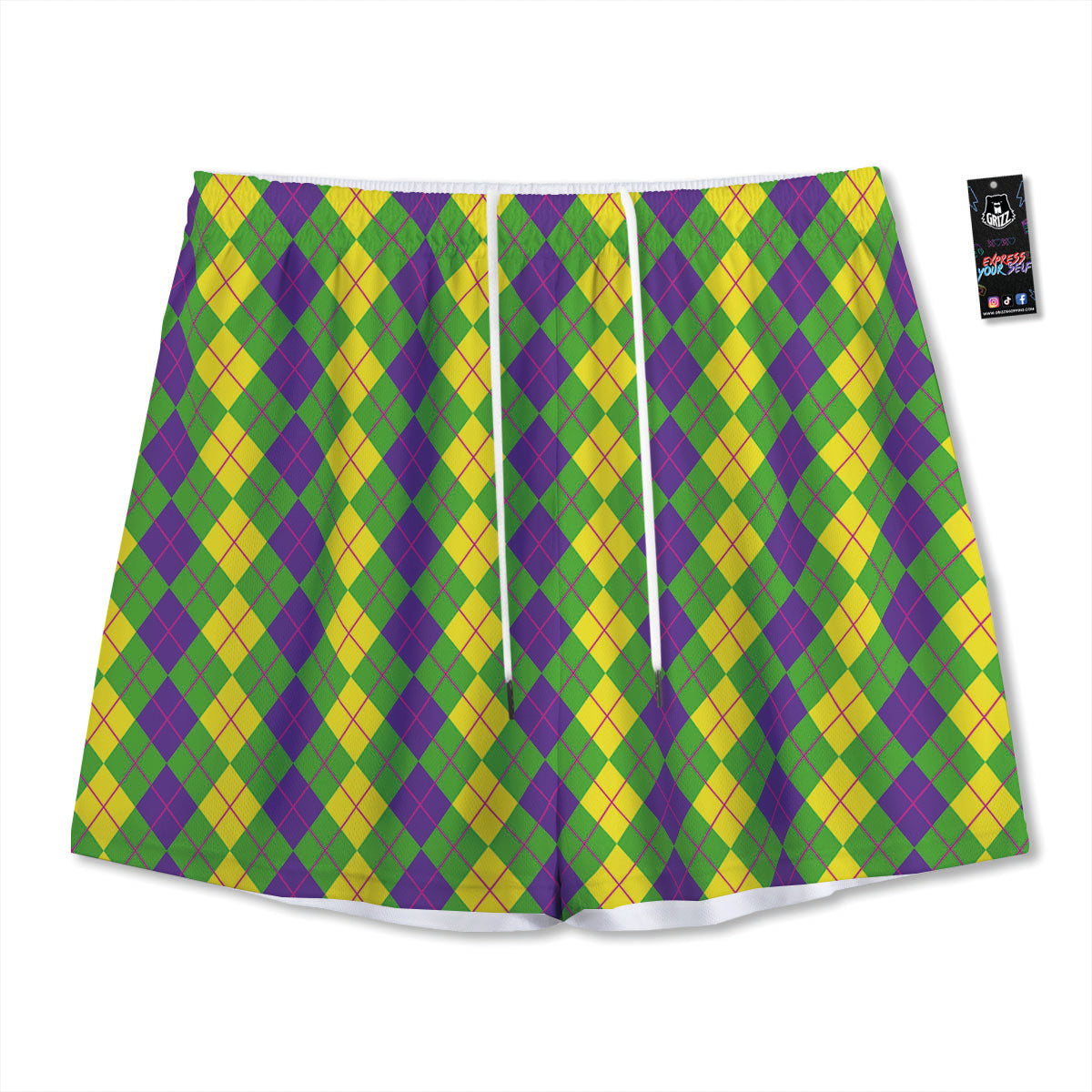 Argyle Mardi Gras Print Pattern Mesh Shorts