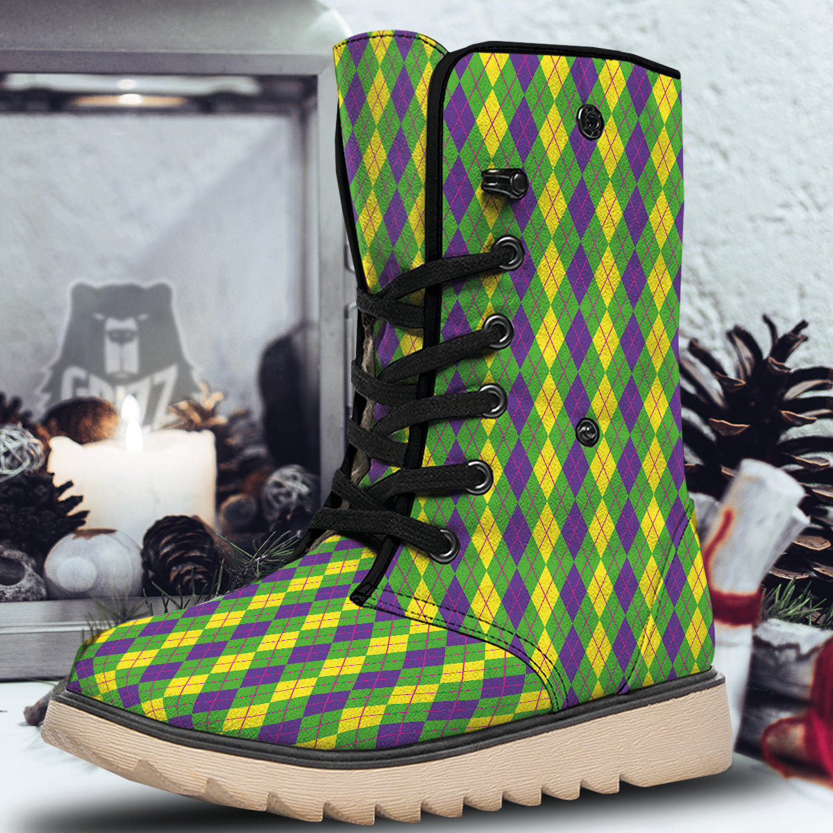 Argyle Mardi Gras Print Pattern Snow Boots-grizzshop