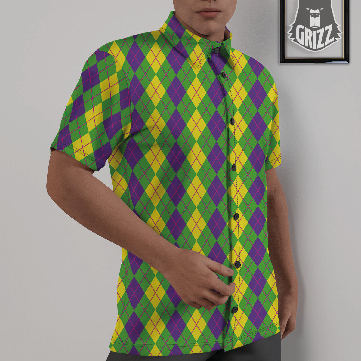 Argyle Mardi Gras Print Pattern Untucked Shirts-grizzshop