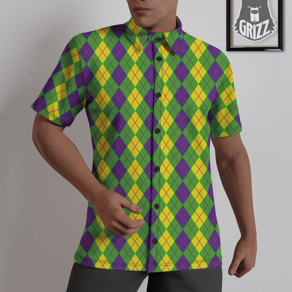 Argyle Mardi Gras Print Pattern Untucked Shirts-grizzshop