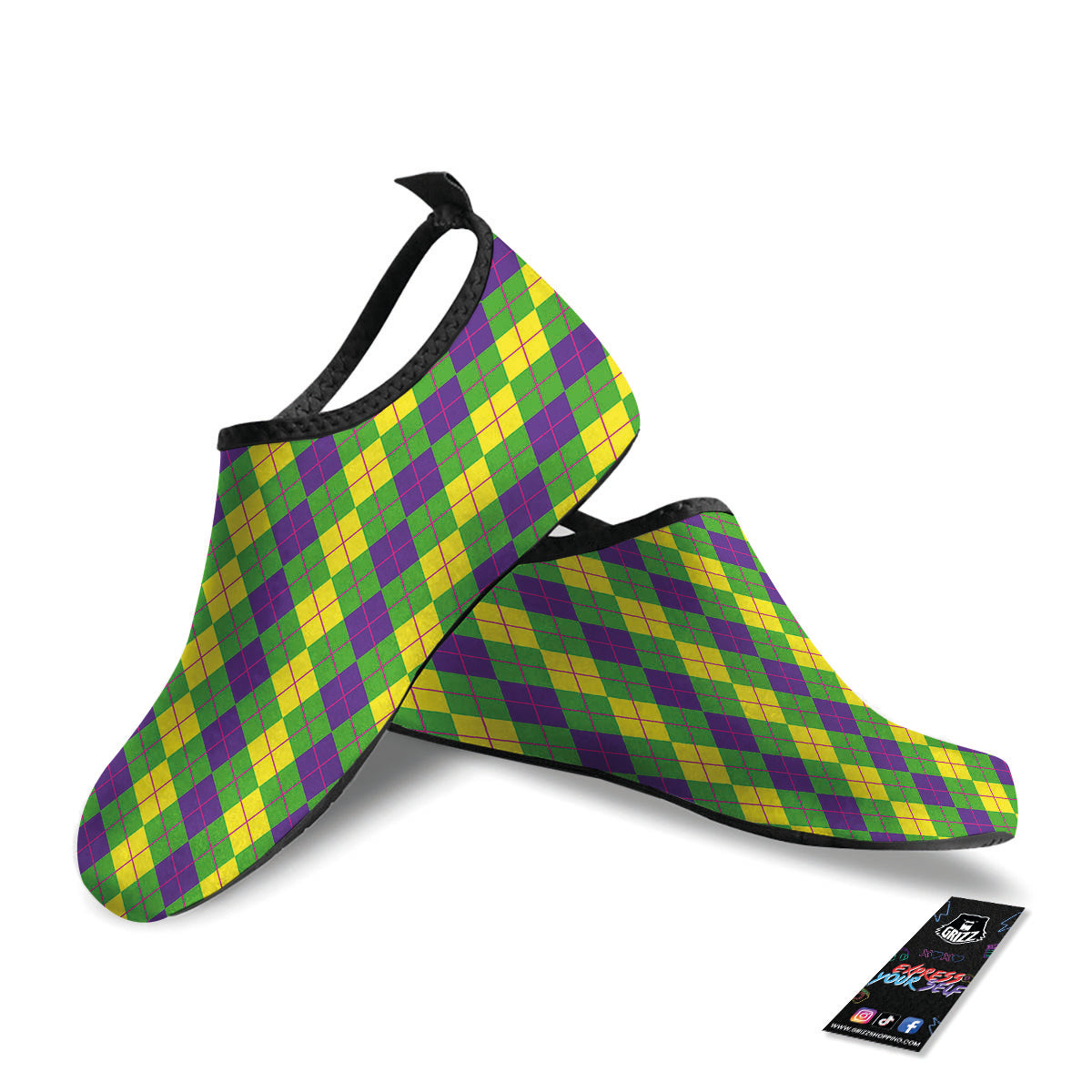 Argyle Mardi Gras Print Pattern Water Shoes-grizzshop