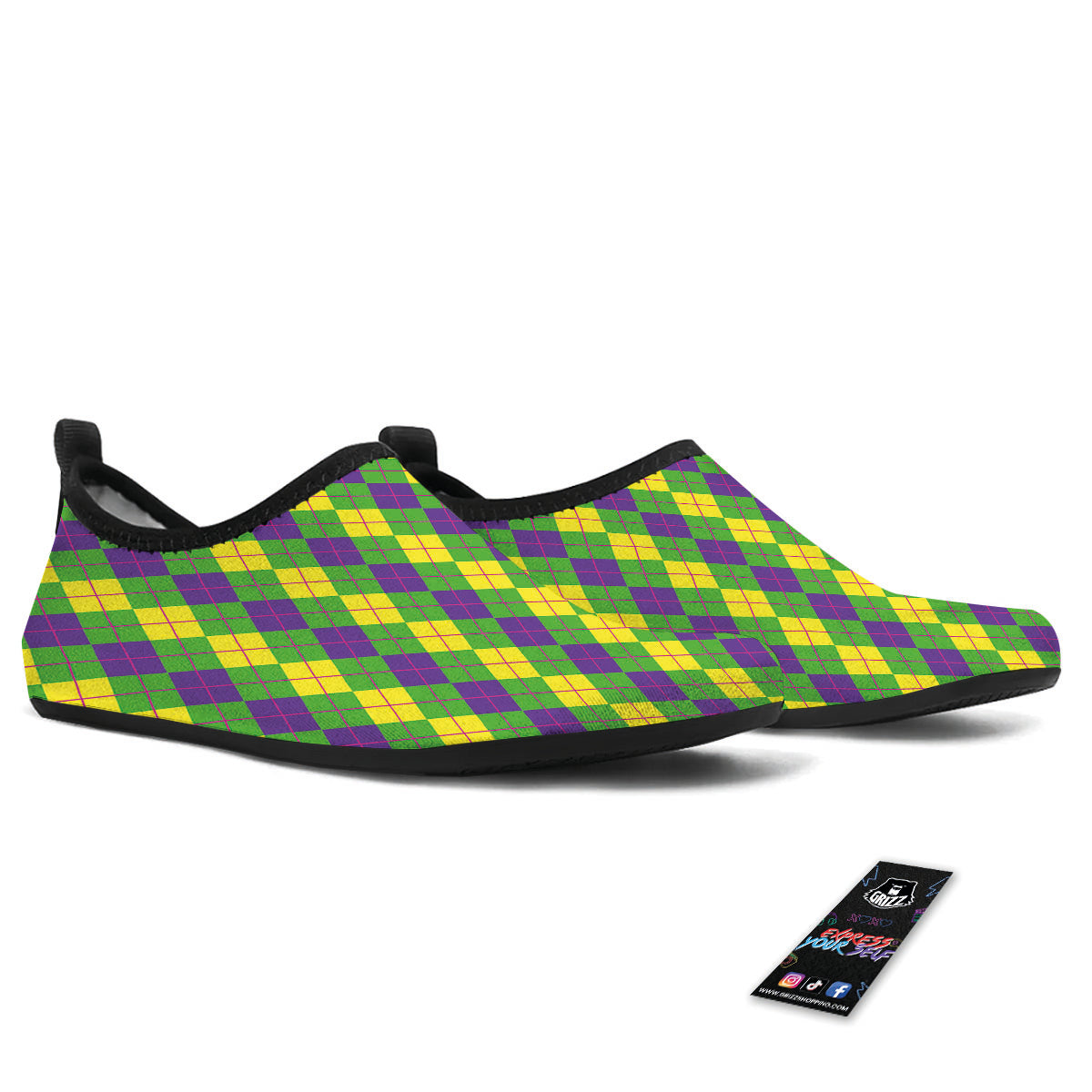 Argyle Mardi Gras Print Pattern Water Shoes-grizzshop