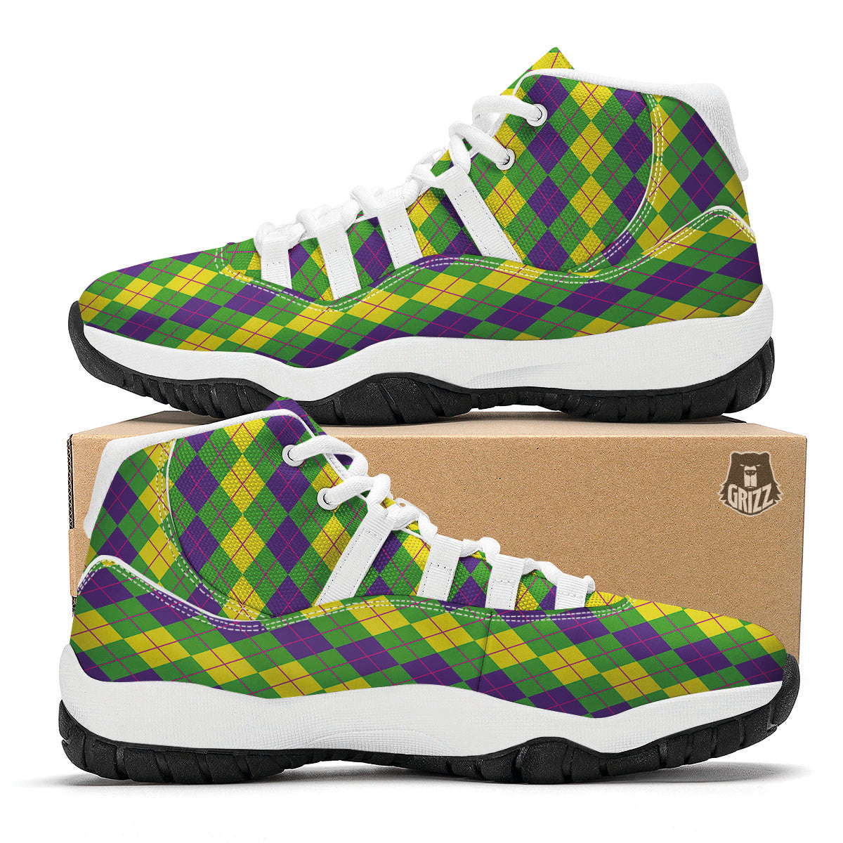 Argyle Mardi Gras Print Pattern White Bball Shoes-grizzshop