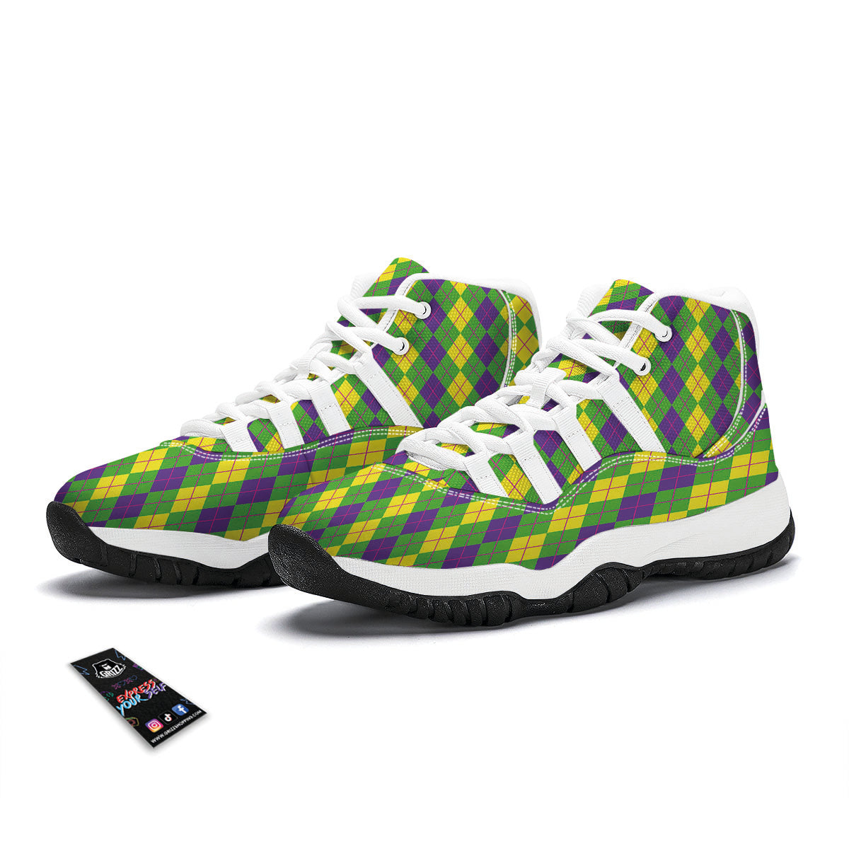 Argyle Mardi Gras Print Pattern White Bball Shoes-grizzshop