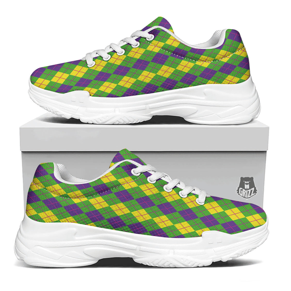 Argyle Mardi Gras Print Pattern White Chunky Shoes-grizzshop