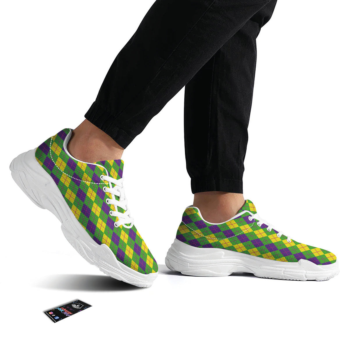 Argyle Mardi Gras Print Pattern White Chunky Shoes-grizzshop