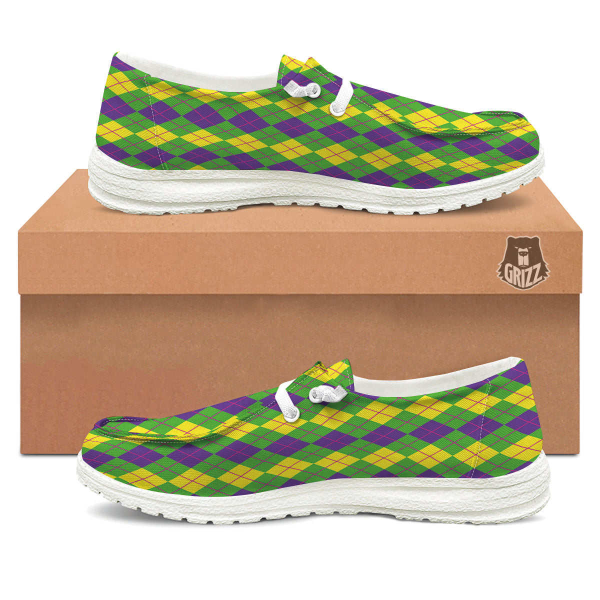 Argyle Mardi Gras Print Pattern White Loafers-grizzshop