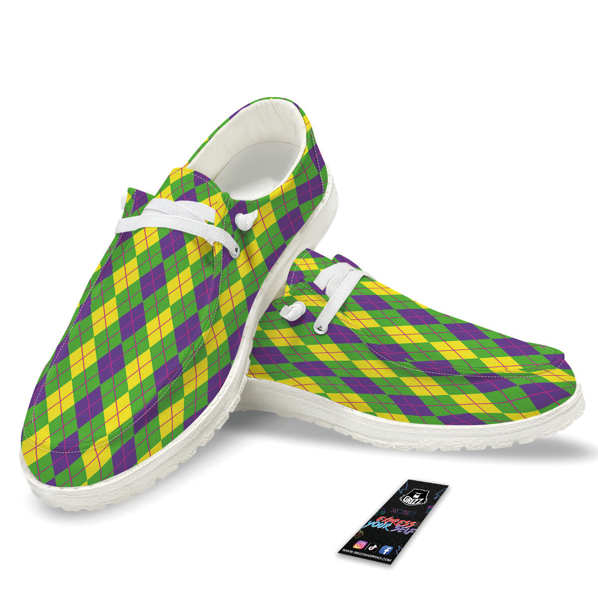 Argyle Mardi Gras Print Pattern White Loafers-grizzshop