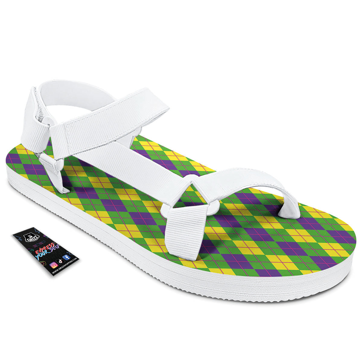 Argyle Mardi Gras Print Pattern White Open Toe Sandals-grizzshop
