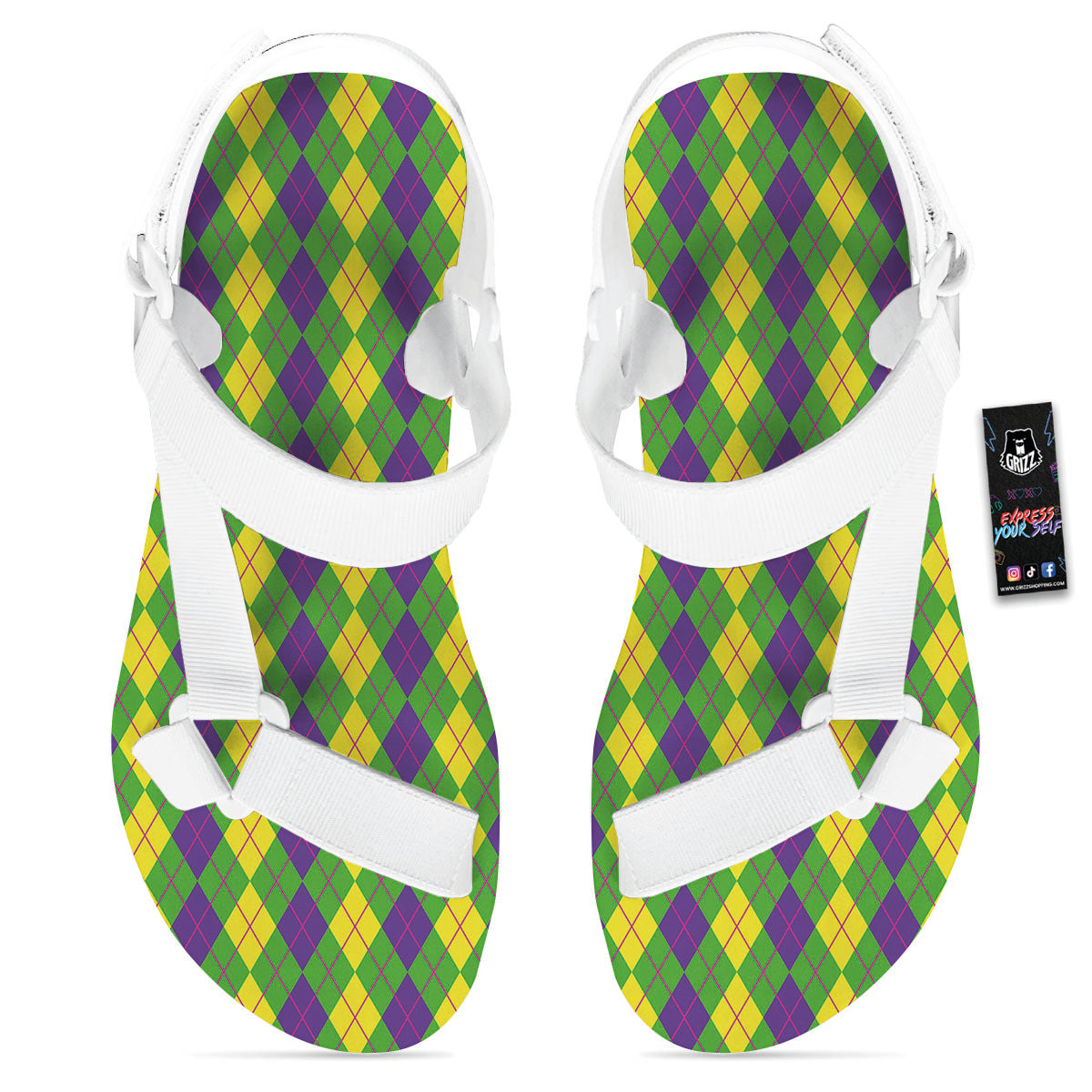 Argyle Mardi Gras Print Pattern White Open Toe Sandals-grizzshop