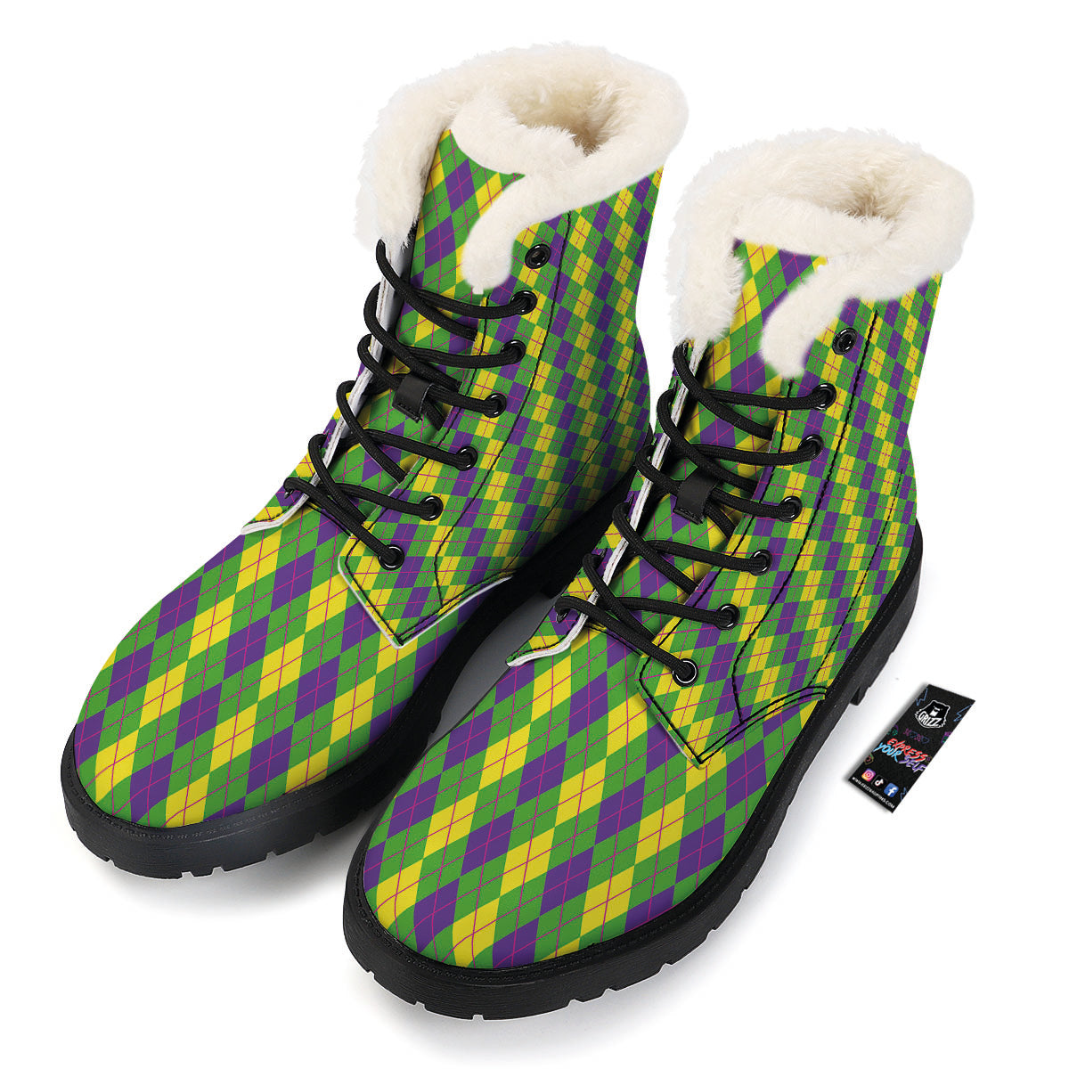Argyle Mardi Gras Print Pattern Winter Boots-grizzshop