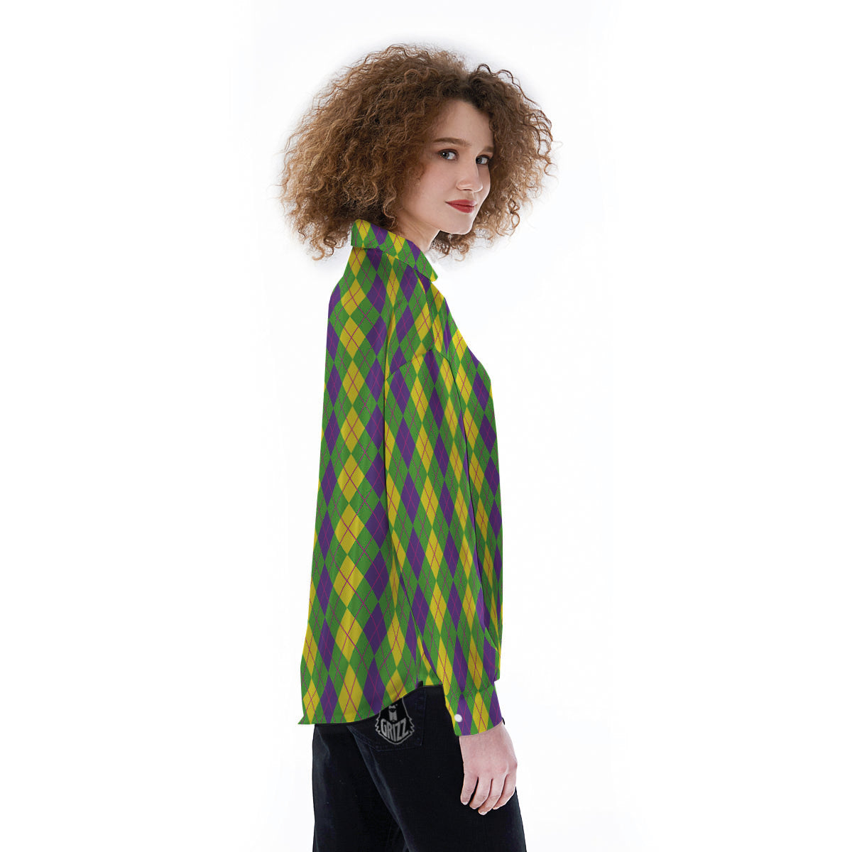 Argyle Mardi Gras Print Pattern Women's Long Sleeve Shirts-grizzshop