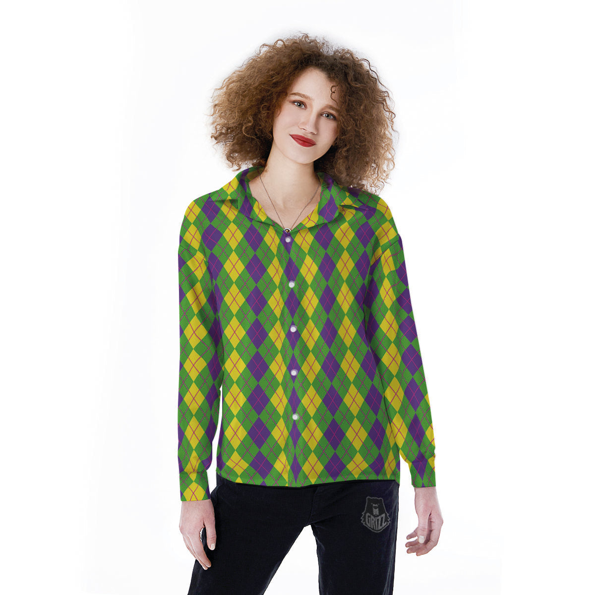 Argyle Mardi Gras Print Pattern Women's Long Sleeve Shirts-grizzshop