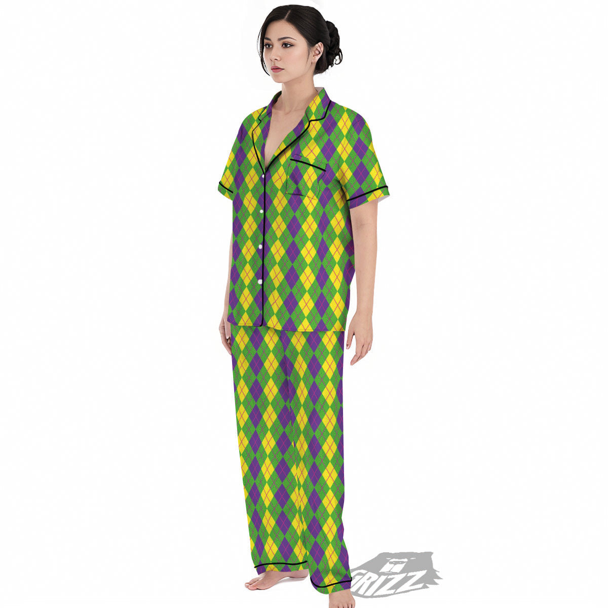 Argyle Mardi Gras Print Pattern Women's Pajamas Set-grizzshop