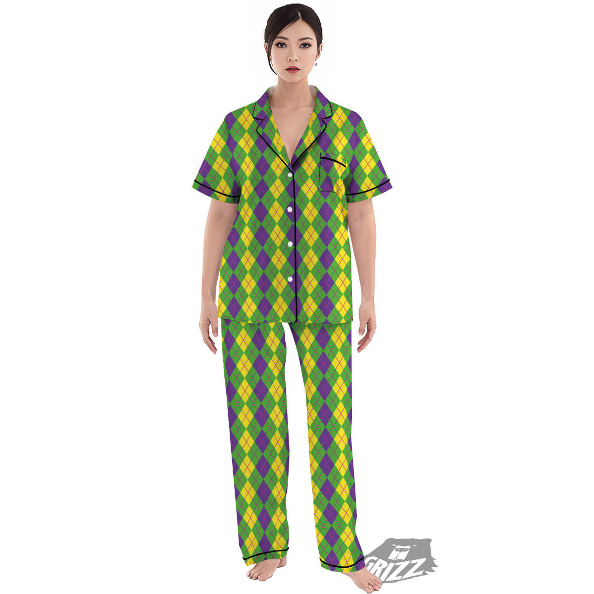 Argyle Mardi Gras Print Pattern Women's Pajamas Set-grizzshop
