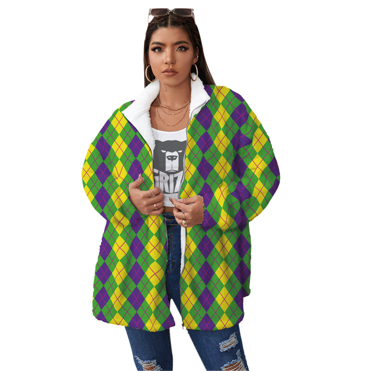 Argyle Mardi Gras Print Pattern Women's Sherpa Jacket-grizzshop