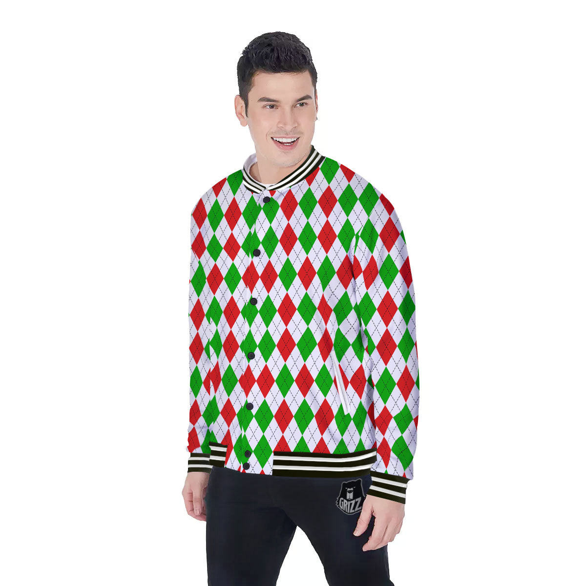Argyle Merry Christmas Print Pattern Baseball Jacket-grizzshop