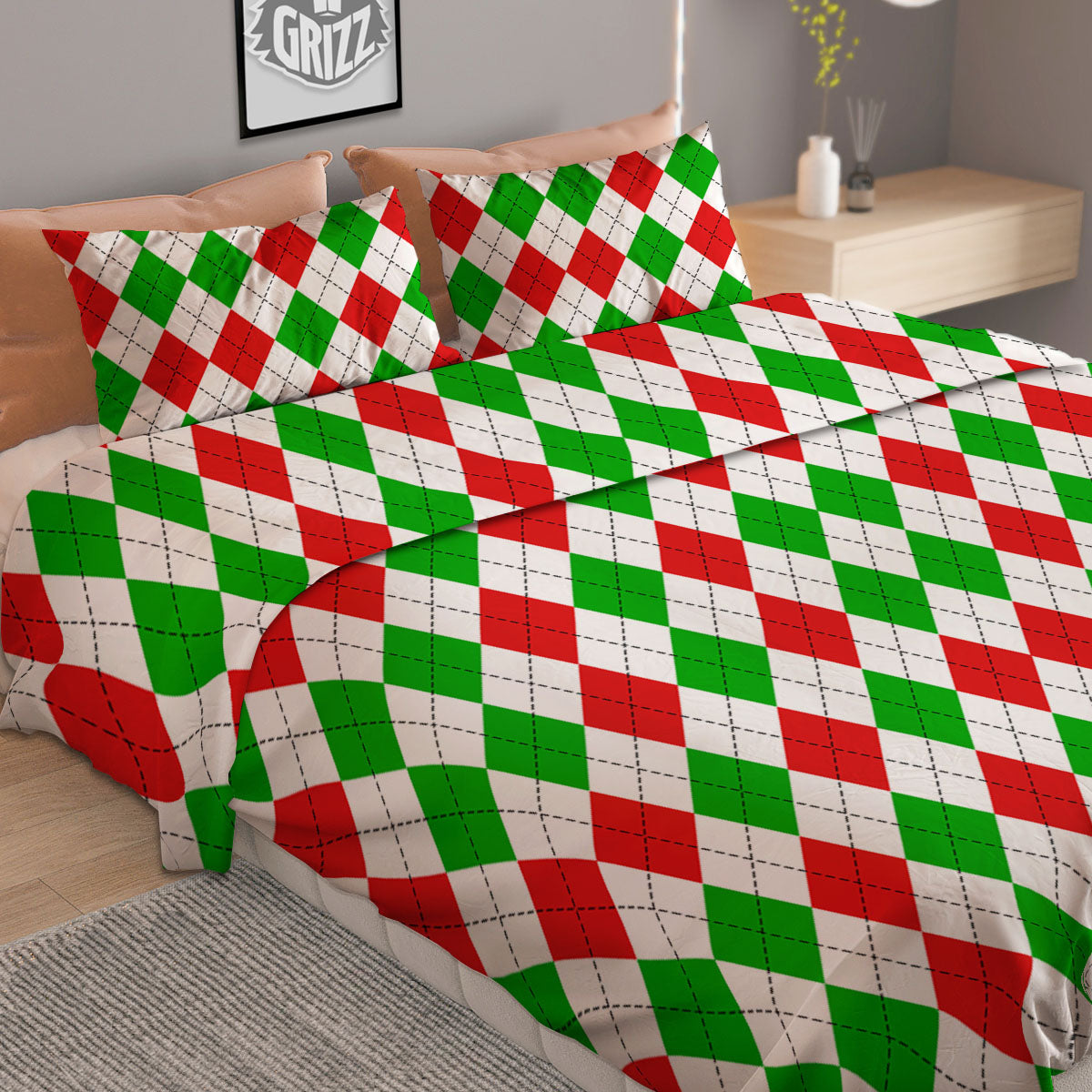 Argyle Merry Christmas Print Pattern Duvet Cover Bedding Set